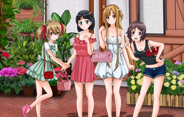 Girls, anime, art, sword art online, Asuna Yuuki, Rika Shinozaki, Keiko Ayano, Suguha Kirigaya