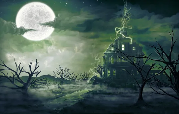 Trees, landscape, night, fog, house, magic, the moon, art