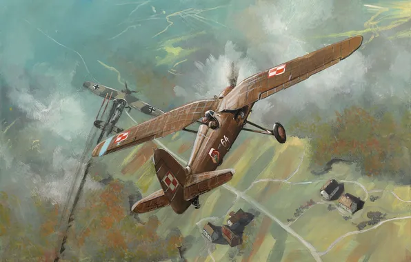 Clouds, The plane, Flight, Fighter, Poland, Picture, Art, English artist