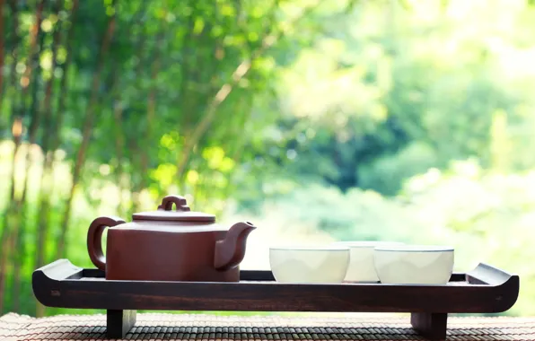 Nature, kettle, the tea party, white, brown, tray, Mat, bowl