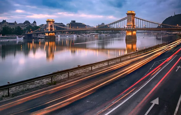 Hungary, Budapest, light trails, Danube River, Chain Bridge