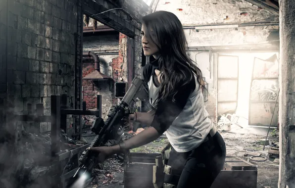 Picture girl, face, weapons, hair, the ruins