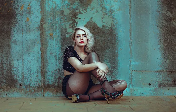 Girl, piercing, tights, on the floor