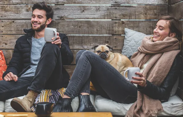 Picture girl, joy, heat, tea, dog, jacket, guy