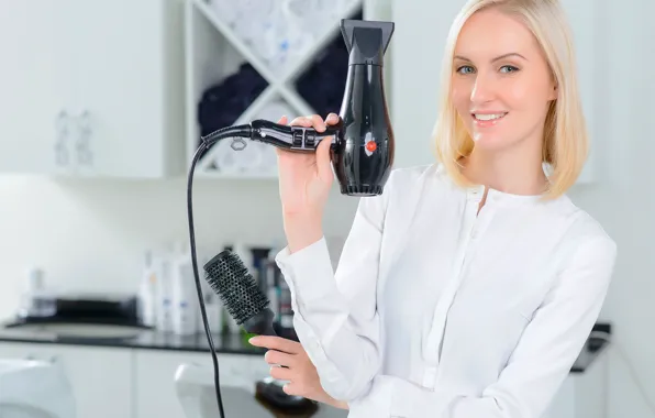 Picture look, girl, smile, blouse, Hairdryer