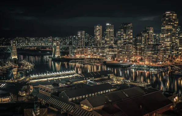 Light, night, the city, lights, reflection, shore, view, building