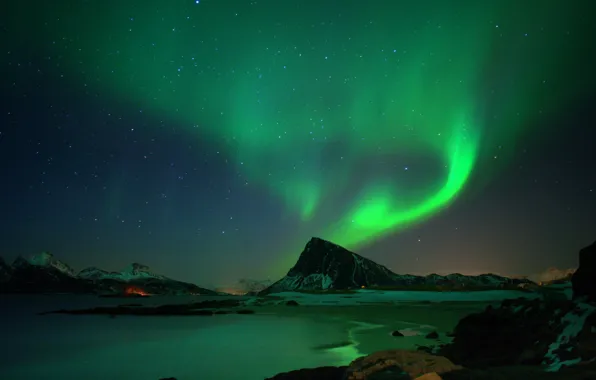 Stars, mountains, lake, Northern lights