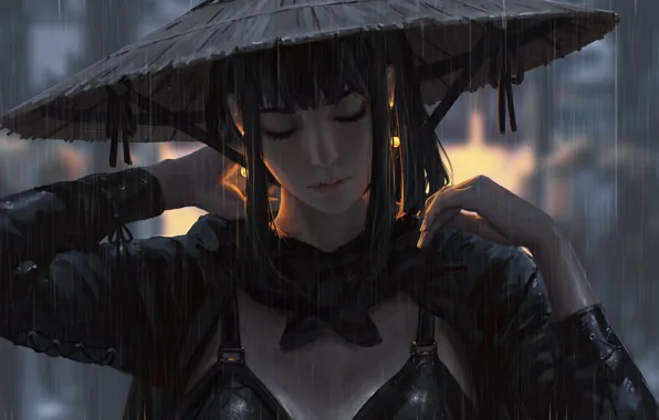 Girl, fantasy, rain, hat, samurai, artist, digital art, artwork