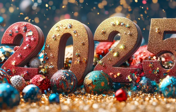 Balls, figures, New year, date, 2025, AI art, neural network, New Year 2025