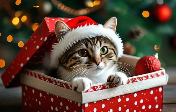 Cat, look, pose, kitty, grey, box, gift, legs