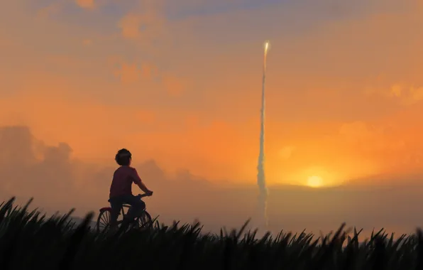 Sunset, The sun, Boy, Rocket, Bike, Art, Start, Start
