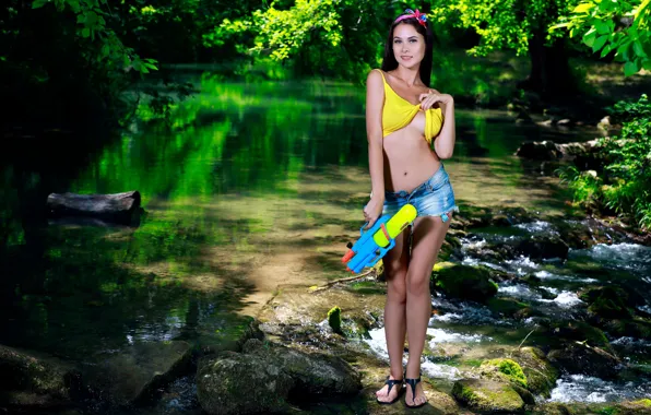 Blouse, nature, water, jeans, greenery, sandals, outdoor, strip