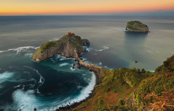 Sunset, the ocean, rocks, coast, island, Spain, Spain, The Bay of Biscay