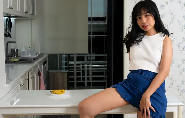 Model, gorgeous, photoshoot, posing, Asian beauty, beautiful face, blue skirt, awesome body