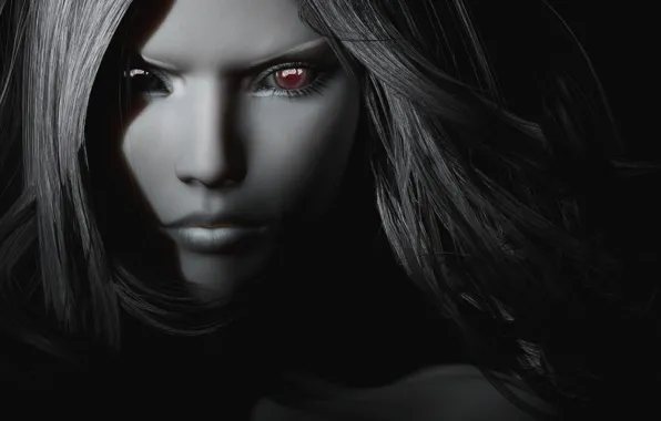Eyes, girl, rendering, hair, black and white, vampire