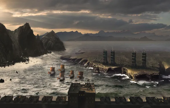 Wave, mountains, ships, fortress, Siege Concept
