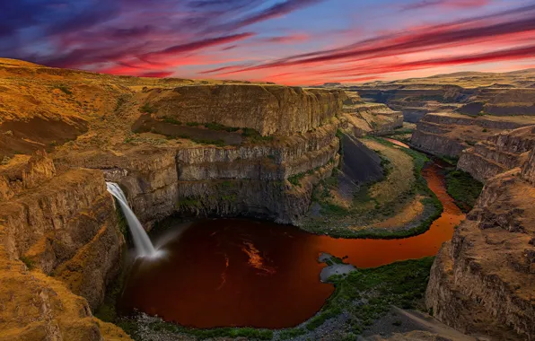 Picture clouds, river, rocks, waterfall, canyon, glow, USA, Washington
