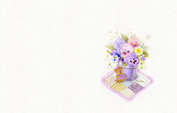 Picture flowers, toy, art, bear, Pansy, a bunch, viola, children's