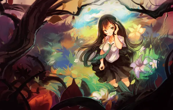 Girl, trees, flowers, branch, anime, art, form, schoolgirl