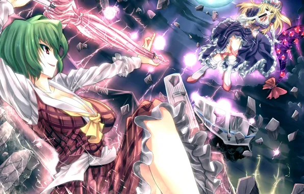 The sky, clouds, girls, magic, the moon, destruction, umbrella, anime