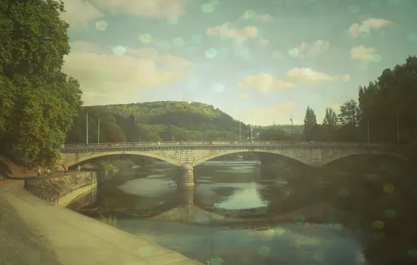 The sky, clouds, bridge, nature, river, for, people