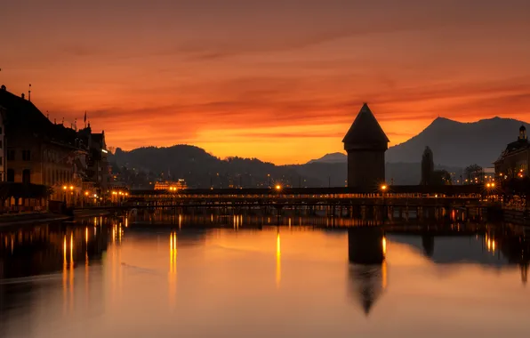 The sky, landscape, mountains, bridge, lights, river, home, Switzerland
