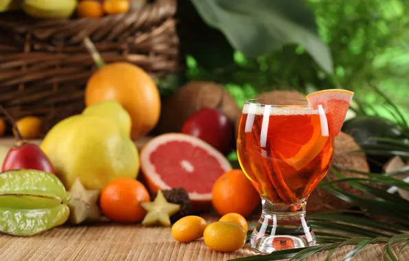 Picture glass, table, basket, juice, fruit, cinnamon, pear, grapefruit
