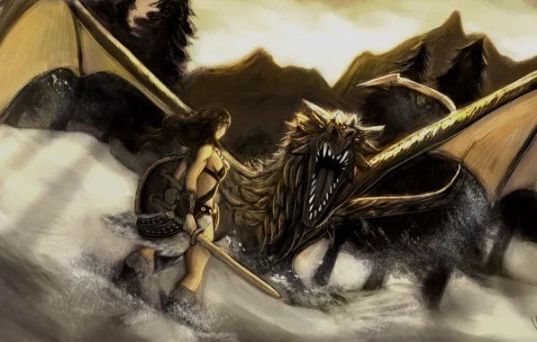 Girl, snow, mountains, dragon, sword, shield, Skyrim, Dovahkiin