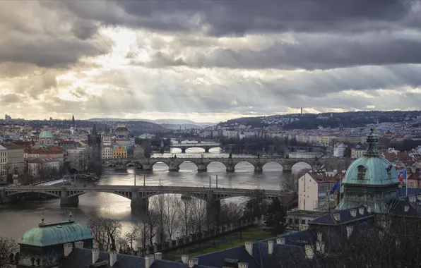 Picture the city, river, building, Prague, Czech Republic, bridges