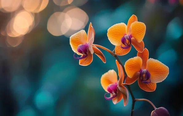 Light, flowers, orchids, orange, blue background, Orchid, bokeh, AI art