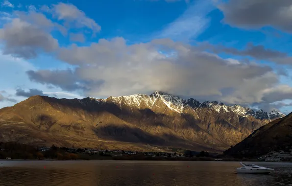 The sky, clouds, mountains, lake, yacht, boat, the village