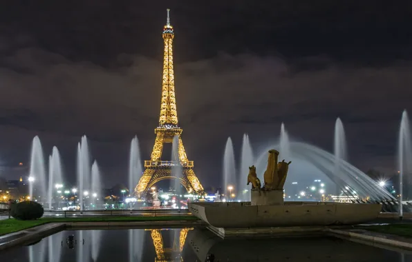 Picture night, Paris, tower, fountain