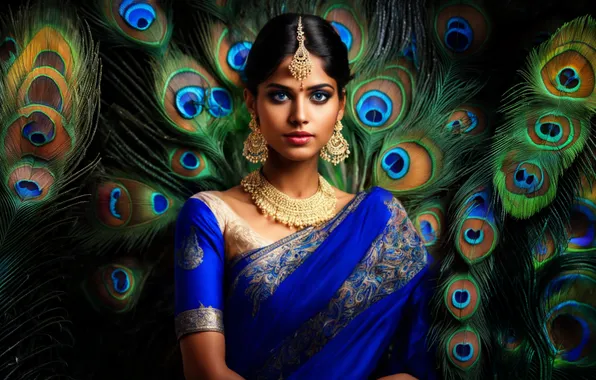 Girl, decoration, birds, people, dress, fantasy, peacock, peacock feather