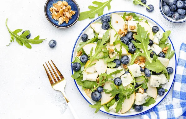 Greens, berries, table, food, cheese, blueberries, plate, white background