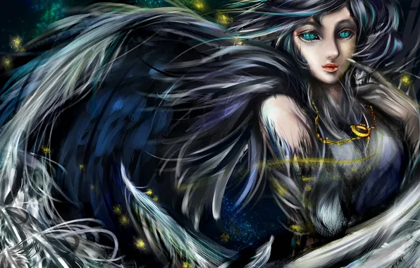 Girl, wings, feathers, fantasy, art, pendant, chain