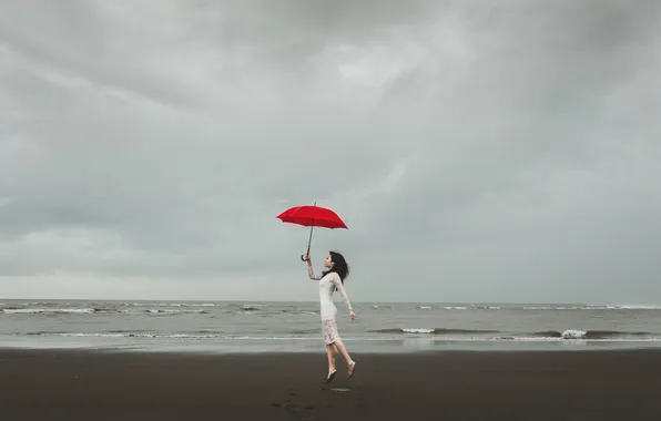 The storm, wave, beach, girl, hair, dress, red umbrella, gray clouds