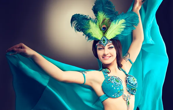 Girl, smile, hands, costume, dancer, peacock feathers