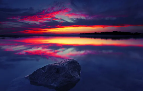 The sky, clouds, sunset, lake, river, stones, glow
