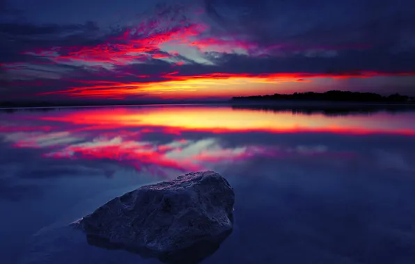 Picture the sky, clouds, sunset, lake, river, stone, glow