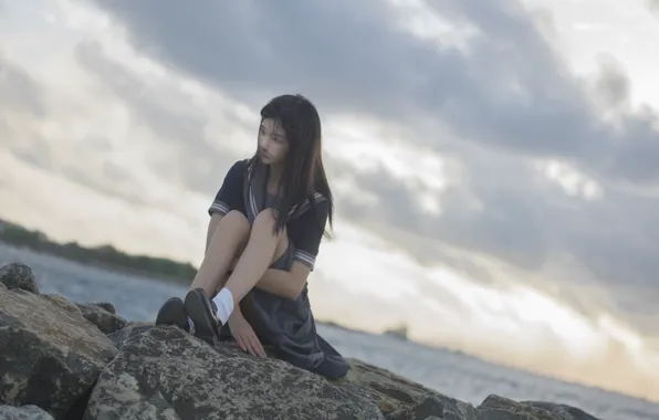 Beautiful, Asian, Model, Coast, Sun, Water, Cloudy, Woman