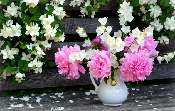 Picture bouquet, bells, the bushes, peonies, Jasmine