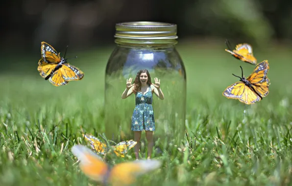 Girl, butterfly, nature, the situation, Bank
