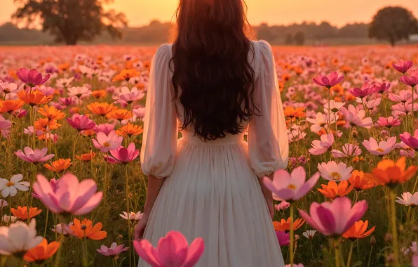 Flowers, Clouds, Girl, Dawn, Hair, Digital art, Back, AI art
