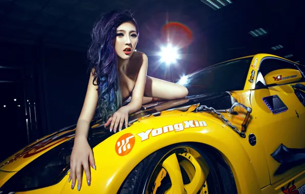 Look, Girls, Nissan, Asian, beautiful girl, yellow car, posing on the hood