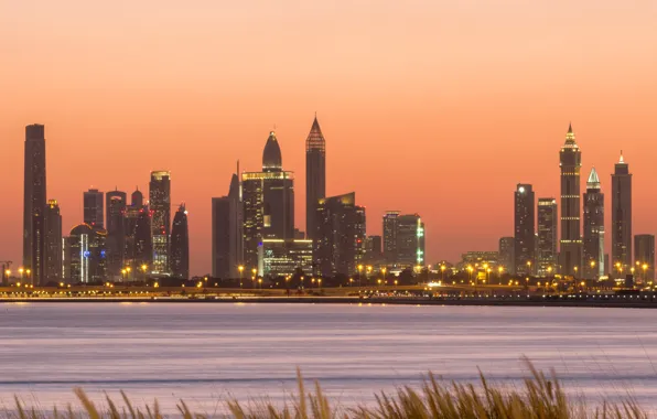 Dubai, sunset, skyscrapers