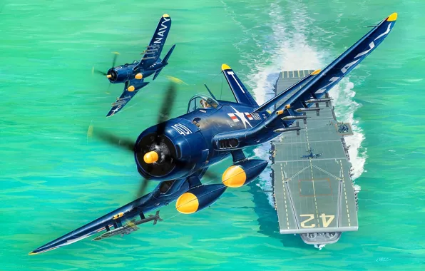 Pair, Missiles, Corsair, The carrier, F4U-5, HVAR, 4x20 mm cannon, Engine R-2800-32W