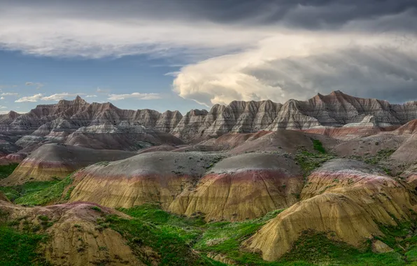 Greens, the sky, clouds, mountains, strip, rocks, desert, the slopes