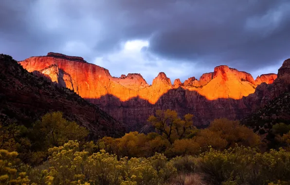 Autumn, the sky, light, trees, sunset, mountains, clouds, rocks