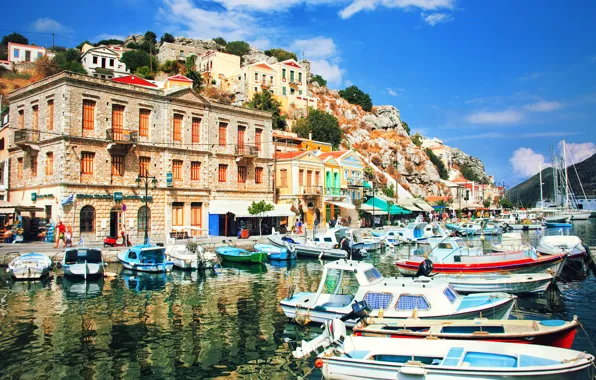 Summer, building, home, boats, Greece, pier, summer, boats