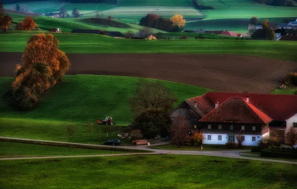 Picture field, autumn, grass, trees, hills, home